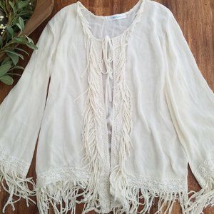 CINDI GINDI Fringe Ivory Jacket Cardigan Sweater M